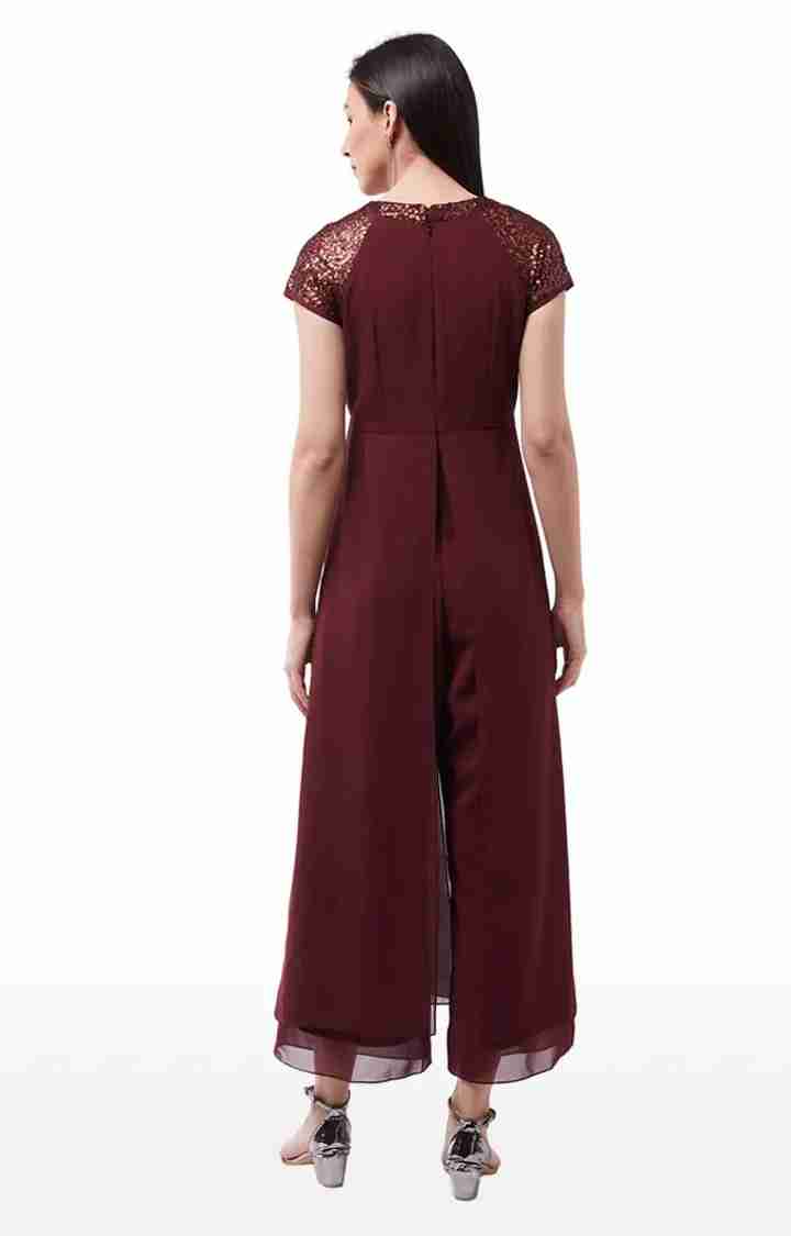 Women's Red Polyester SolidEveningwear Jumpsuits