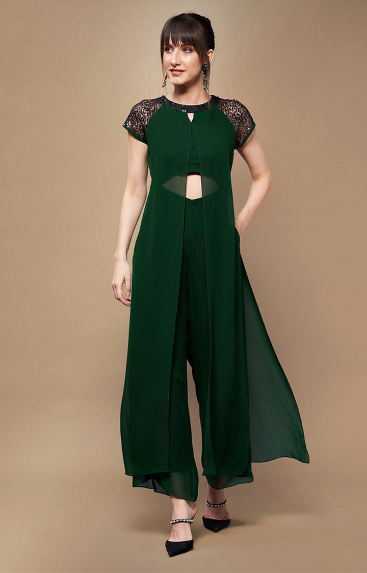 MISS CHASE | Women's Green Georgette  Jumpsuits