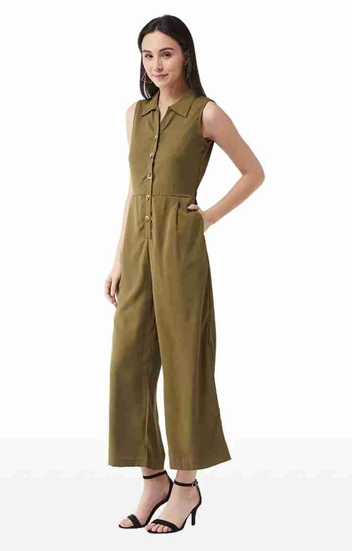 Women's Green Polyester SolidCasualwear Jumpsuits