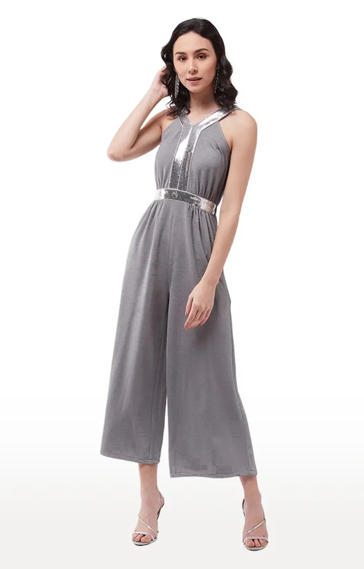 Women's Grey Polyester SolidEveningwear Jumpsuits