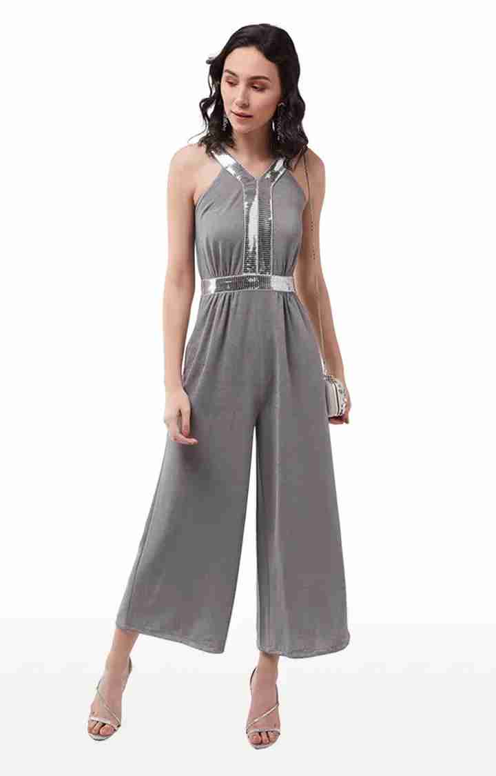 Women's Grey Polyester SolidEveningwear Jumpsuits