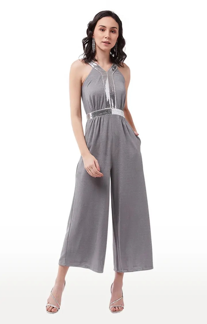 Women's Grey Polyester SolidEveningwear Jumpsuits