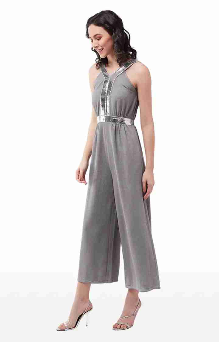 Women's Grey Polyester SolidEveningwear Jumpsuits