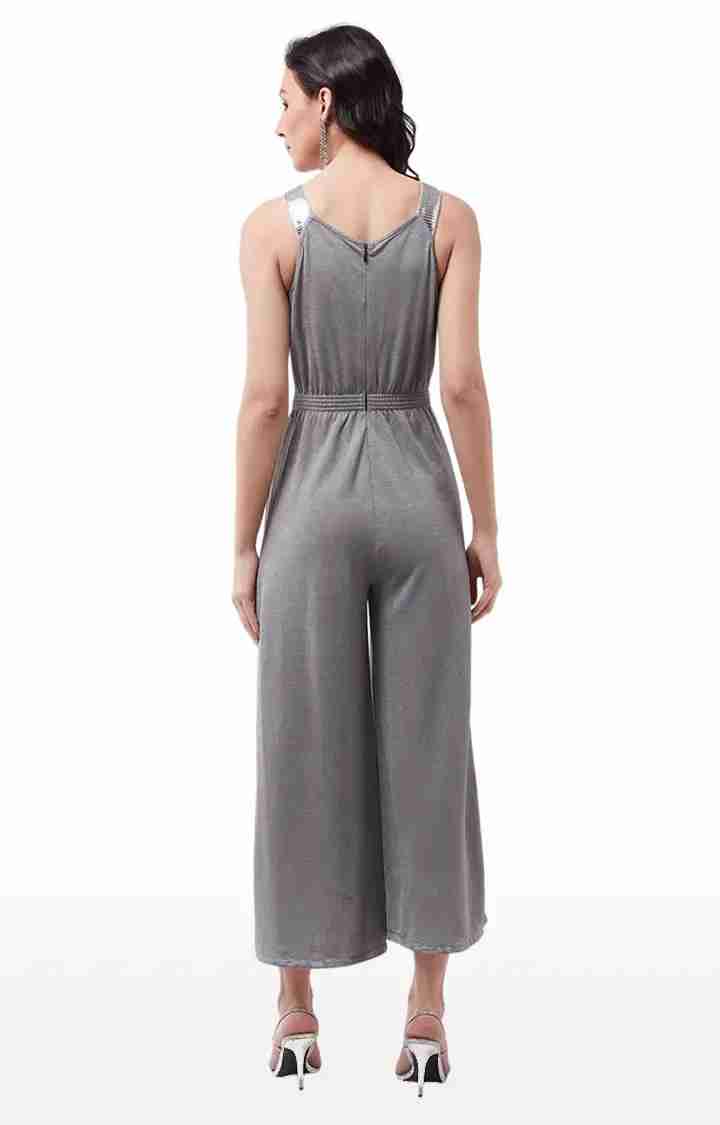 Women's Grey Polyester SolidEveningwear Jumpsuits