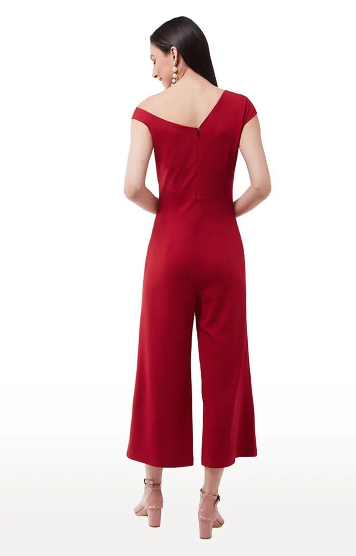 Women's Red Polyester SolidEveningwear Jumpsuits
