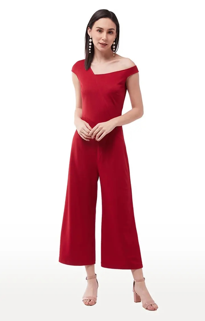 Women's Red Polyester SolidEveningwear Jumpsuits