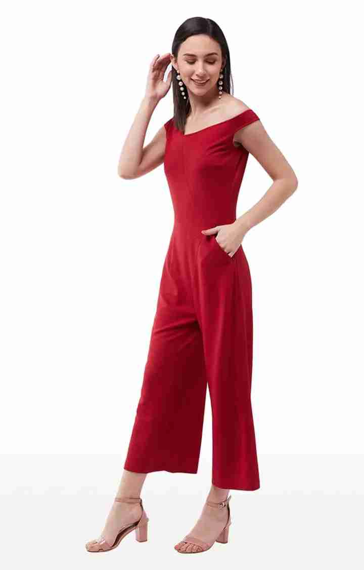 Women's Red Polyester SolidEveningwear Jumpsuits