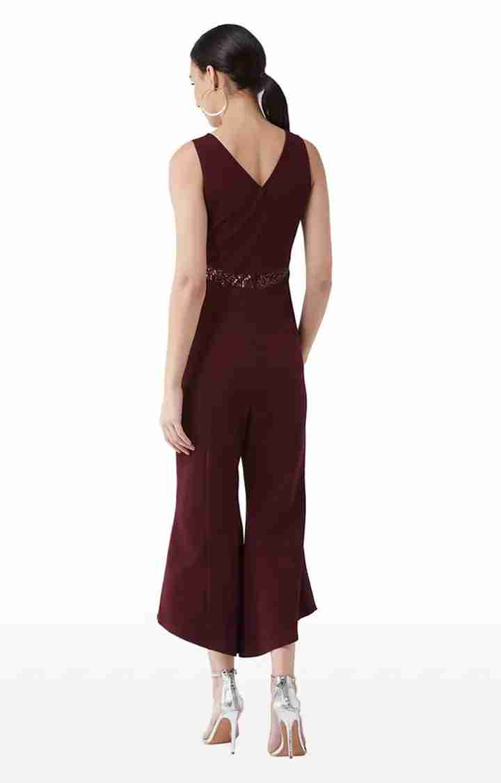 Women's Red Polyester SolidEveningwear Jumpsuits