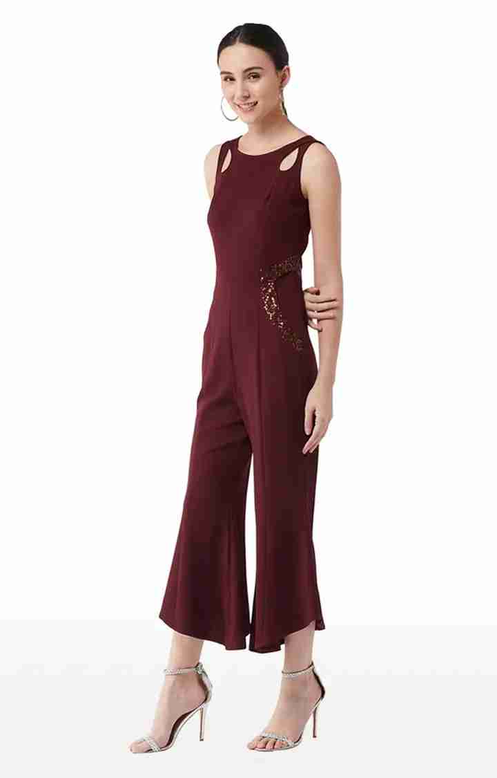 Women's Red Polyester SolidEveningwear Jumpsuits