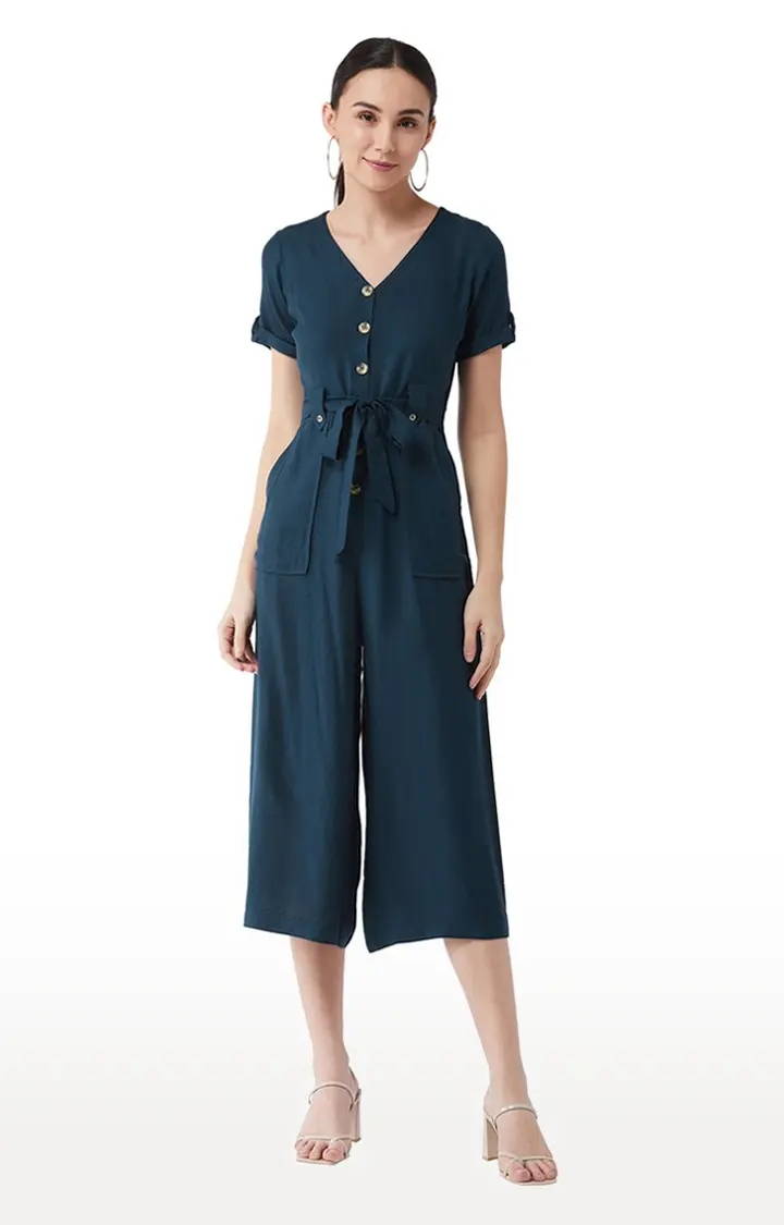 MISS CHASE | Women's Blue Rayon SolidCasualwear Jumpsuits