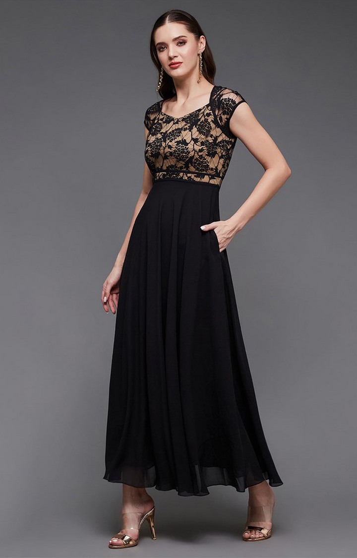 Women's Black Georgette EmbroideredEveningwear Maxi Dress