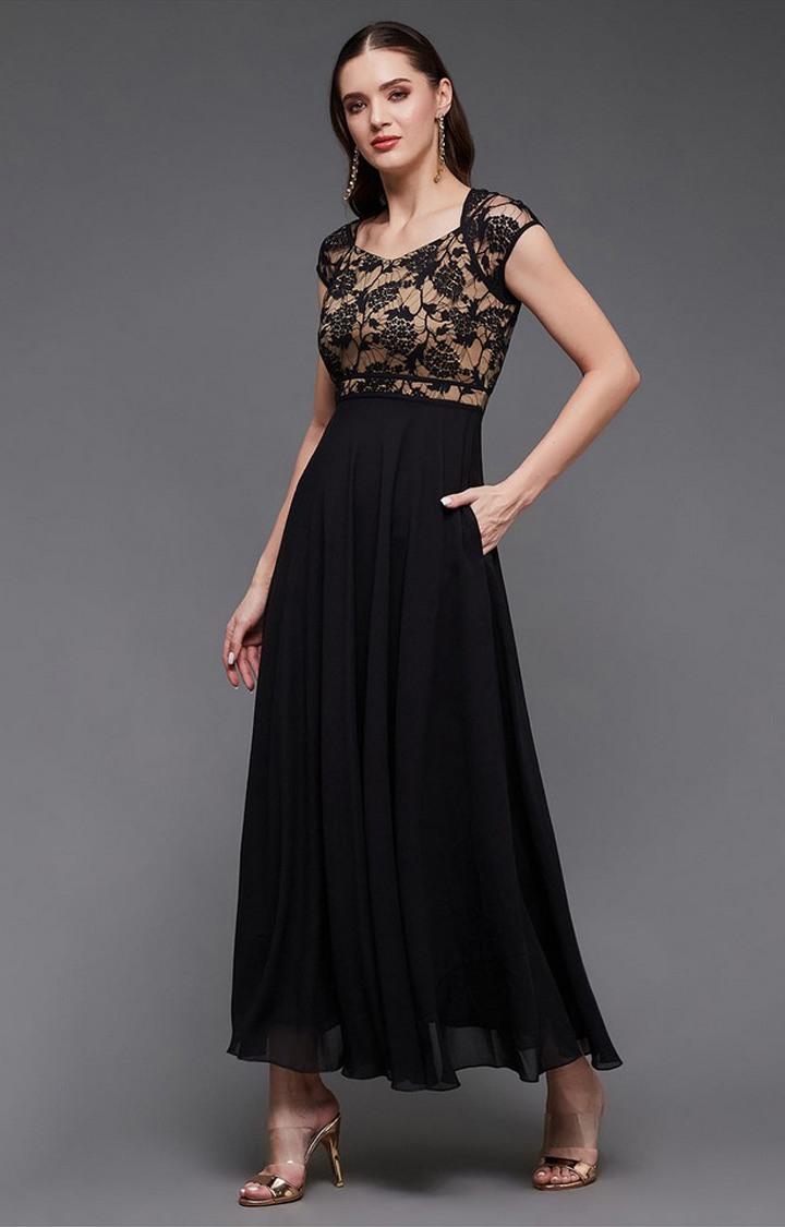 Women's Black Georgette EmbroideredEveningwear Maxi Dress