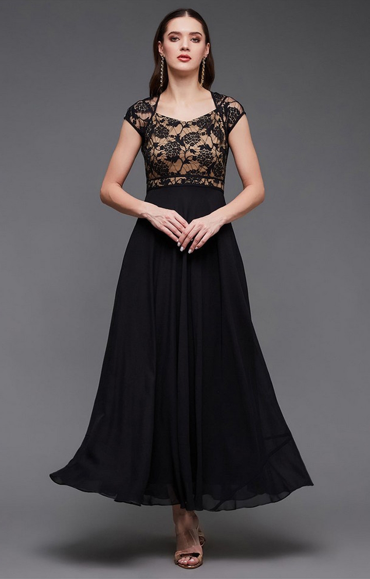 MISS CHASE | Women's Black Georgette EmbroideredEveningwear Maxi Dress