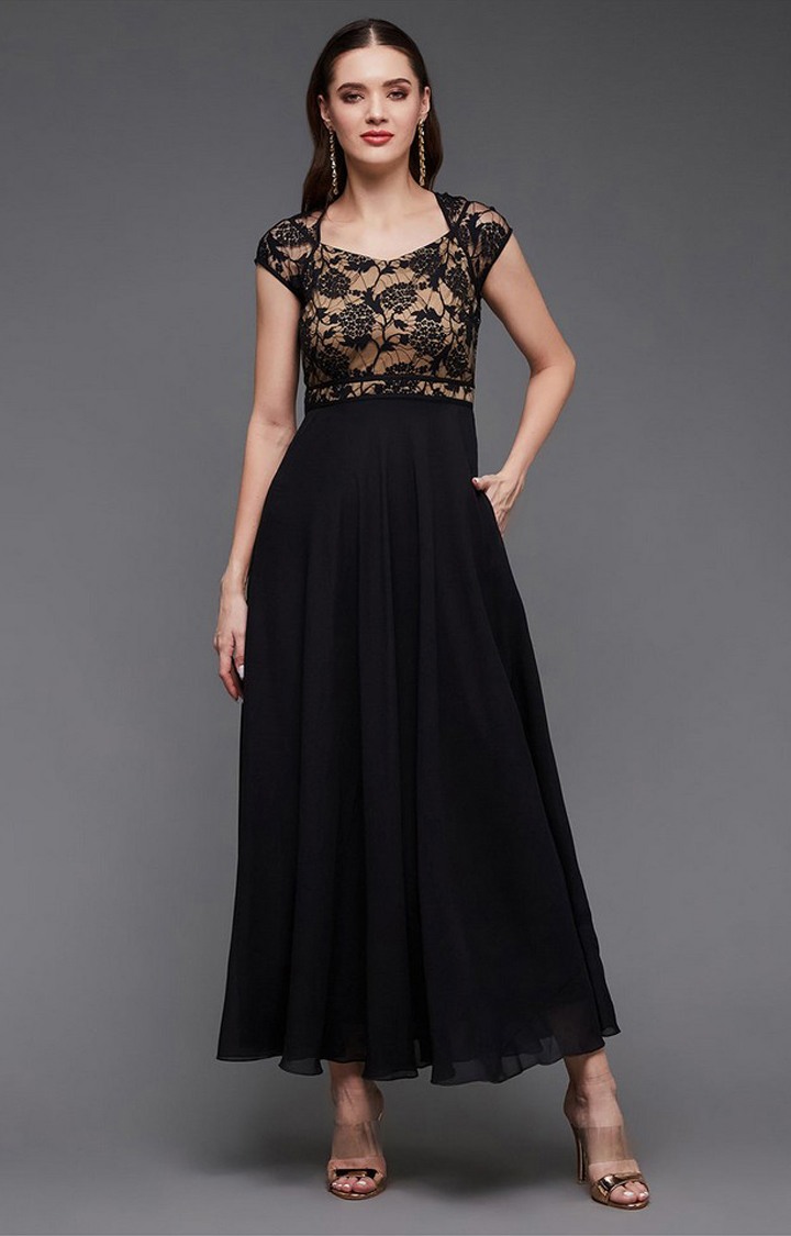 Women's Black Georgette EmbroideredEveningwear Maxi Dress