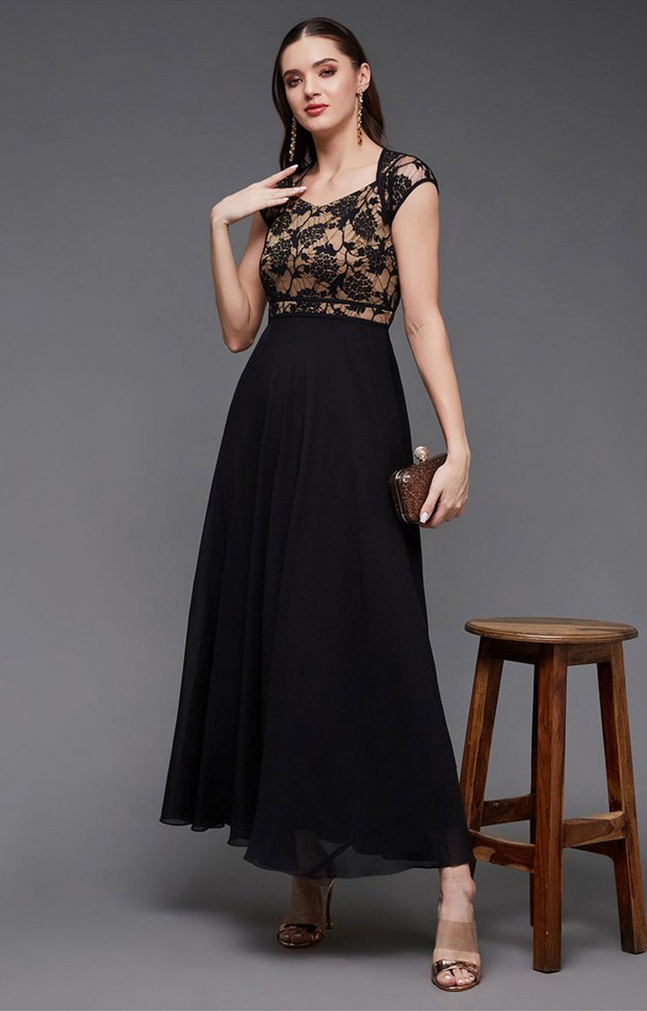 Women's Black Georgette EmbroideredEveningwear Maxi Dress