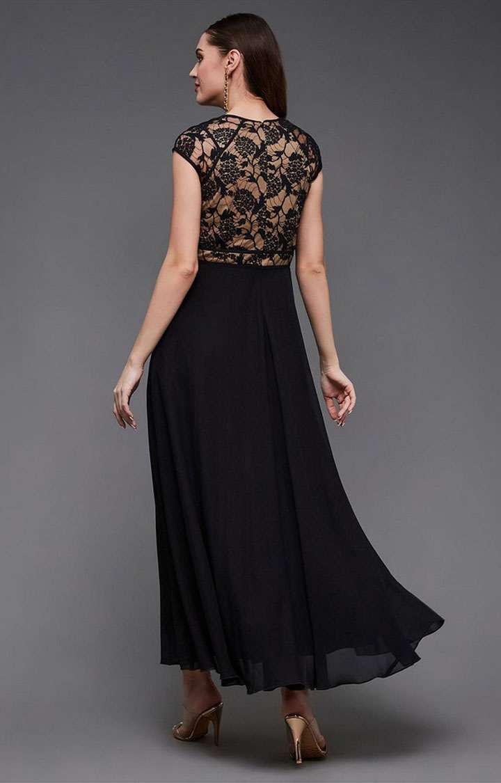 Women's Black Georgette EmbroideredEveningwear Maxi Dress