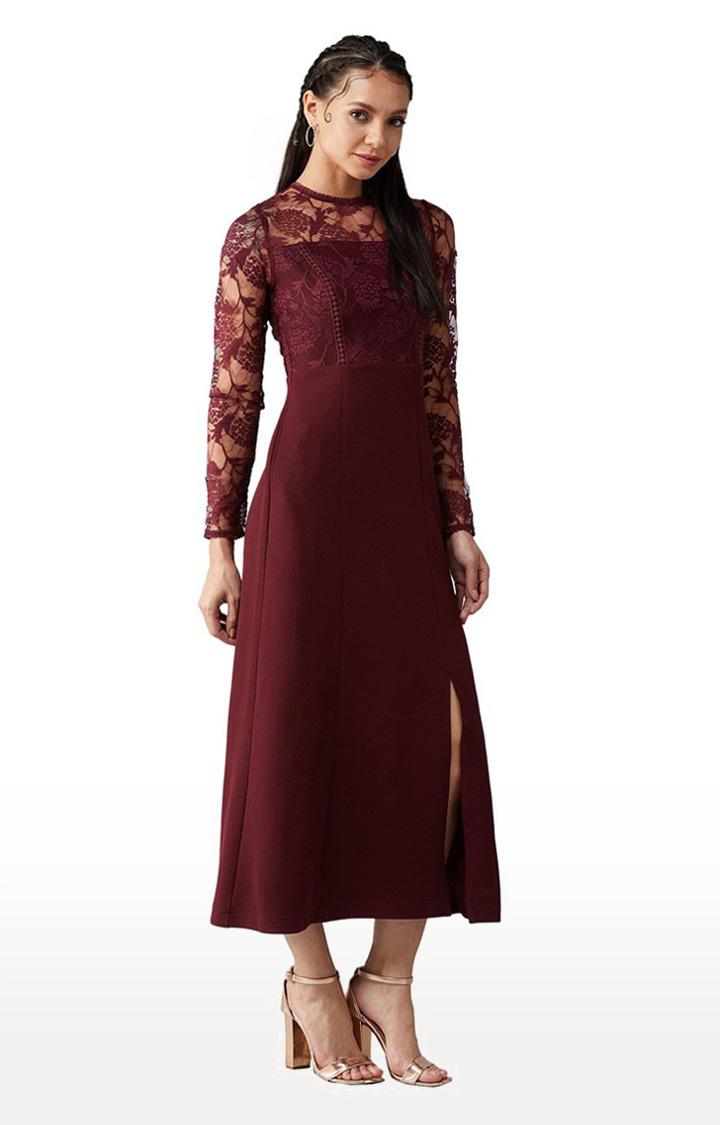 Women's Red Polyester FloralEveningwear Maxi Dress