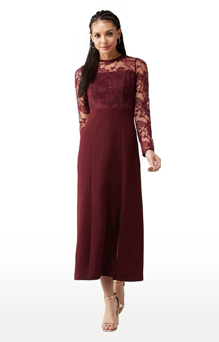 Women's Red Polyester FloralEveningwear Maxi Dress