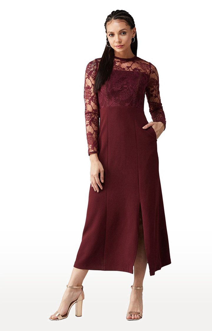 Women's Red Polyester FloralEveningwear Maxi Dress