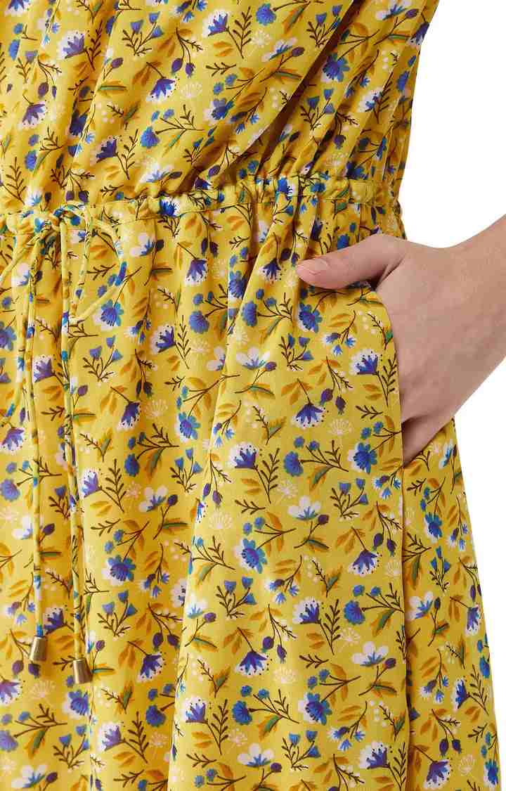 Women's Yellow Georgette FloralCasualwear Off Shoulder Dress