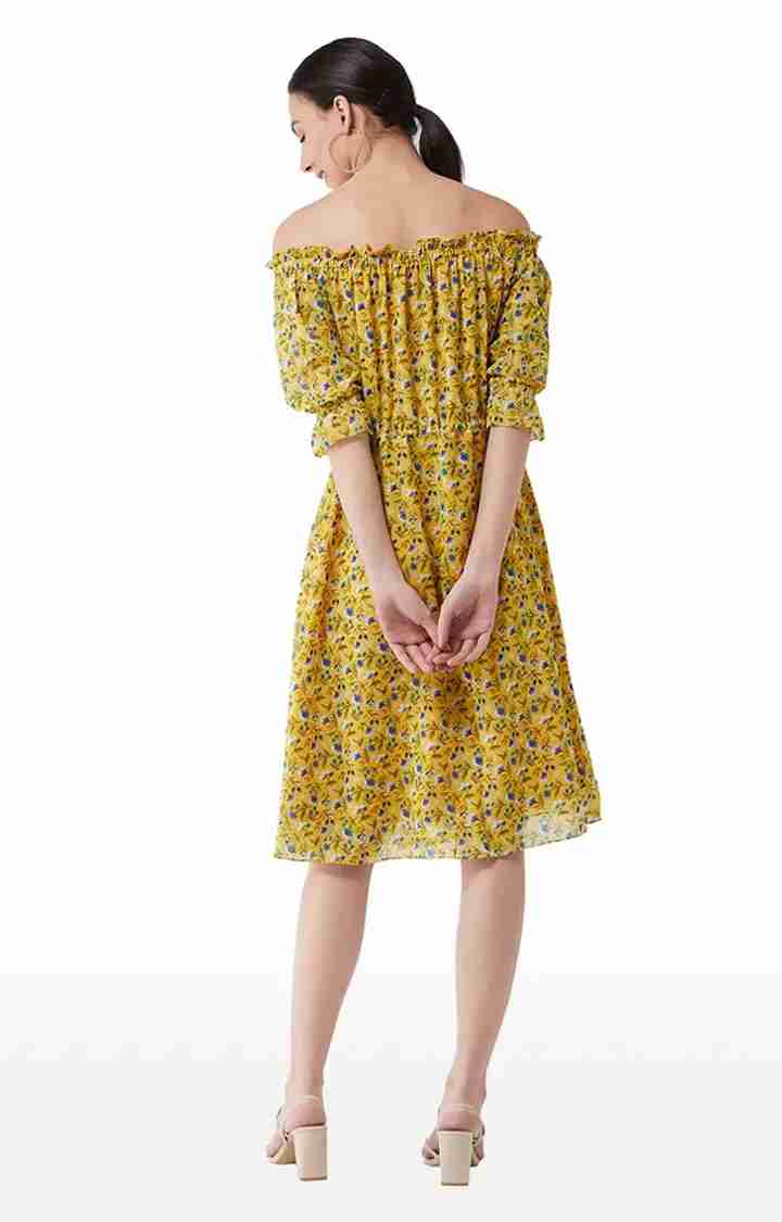 Women's Yellow Georgette FloralCasualwear Off Shoulder Dress