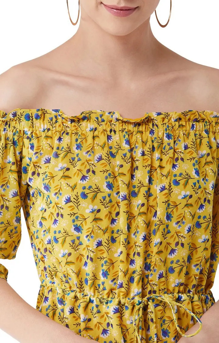 Women's Yellow Georgette FloralCasualwear Off Shoulder Dress