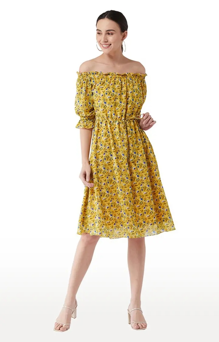 Women's Yellow Georgette FloralCasualwear Off Shoulder Dress