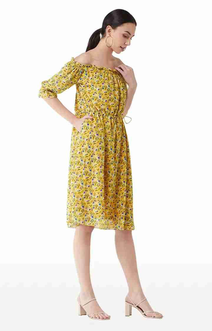 Women's Yellow Georgette FloralCasualwear Off Shoulder Dress