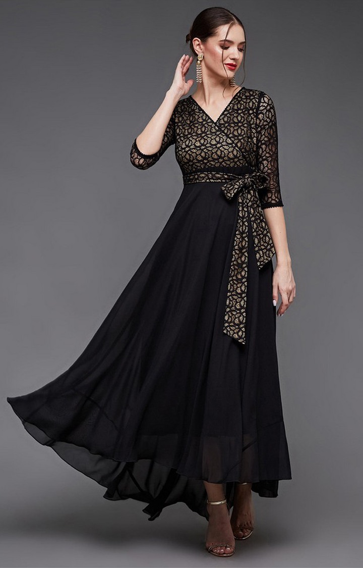 Women's Black Georgette EmbellishedEveningwear Maxi Dress