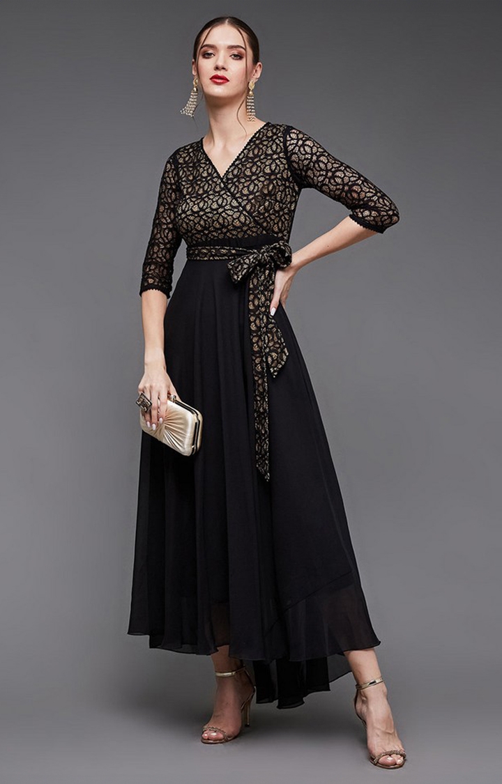 MISS CHASE | Women's Black Georgette EmbellishedEveningwear Maxi Dress