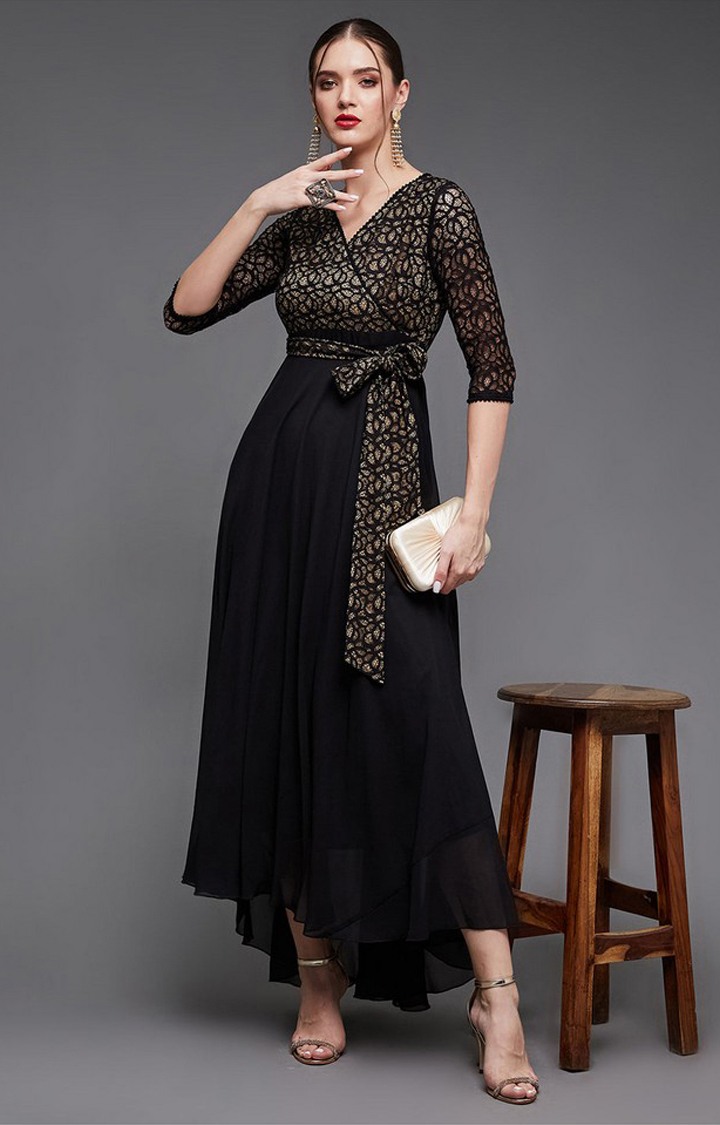 Women's Black Georgette EmbellishedEveningwear Maxi Dress