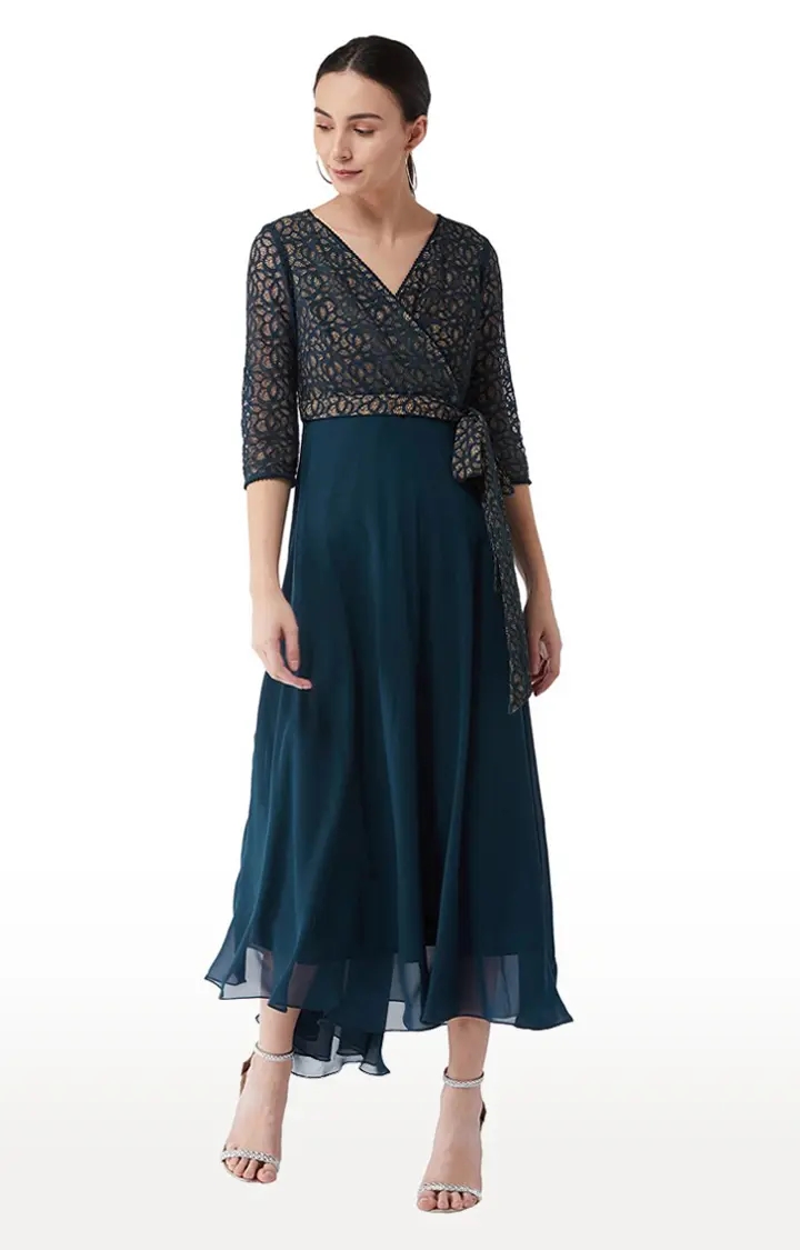 MISS CHASE | Women's Blue Georgette FloralCasualwear Maxi Dress