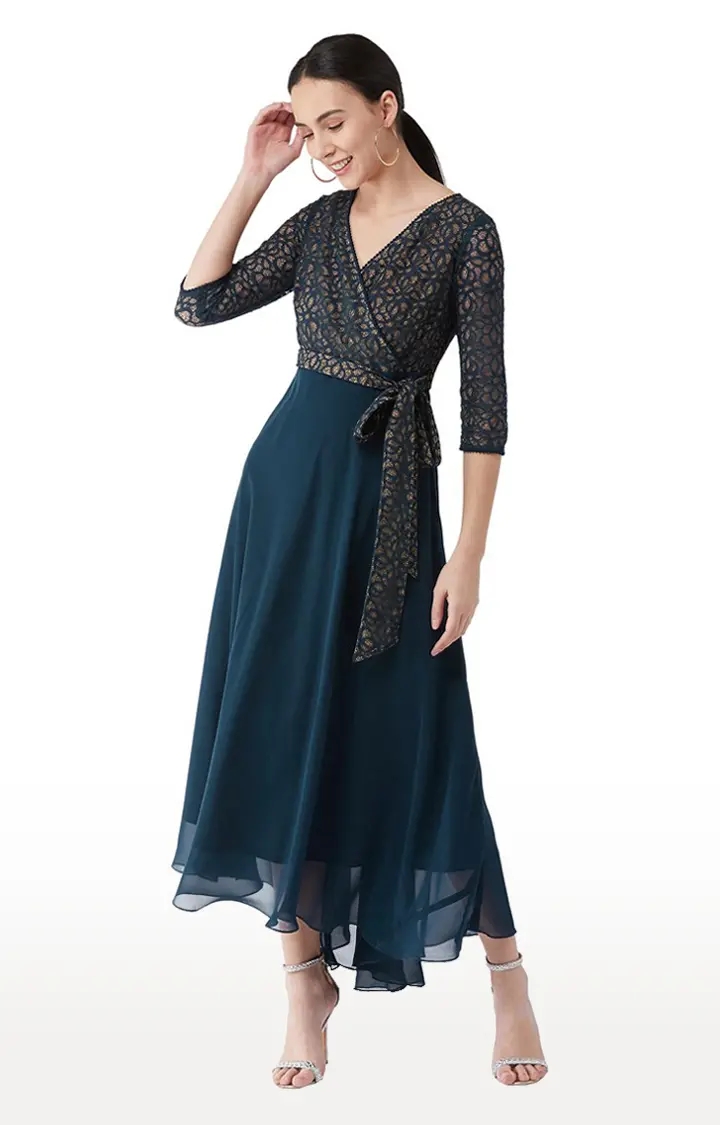 Women's Blue Georgette FloralCasualwear Maxi Dress