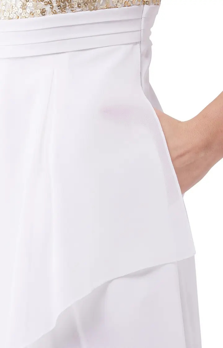 Women's White Georgette SolidEveningwear Jumpsuits