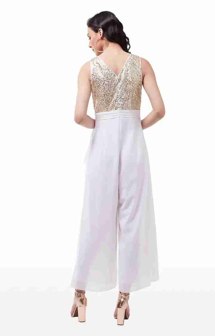 Women's White Georgette SolidEveningwear Jumpsuits