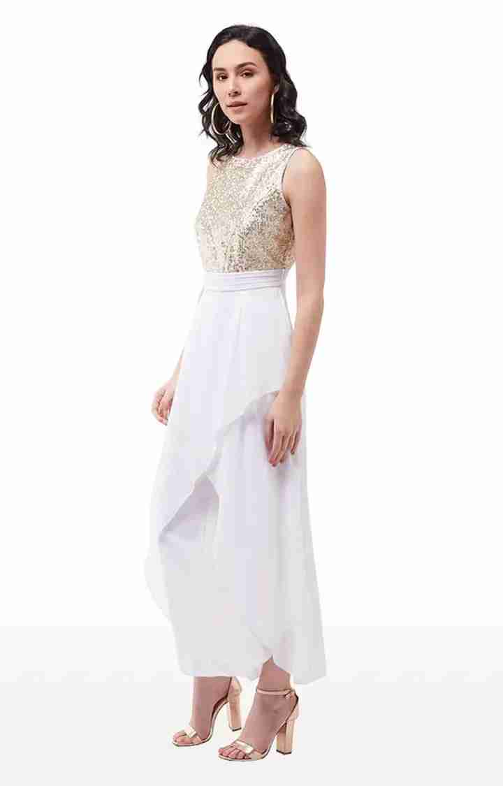 Women's White Georgette SolidEveningwear Jumpsuits