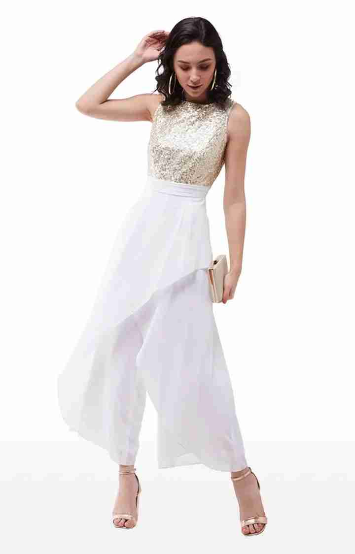 Women's White Georgette SolidEveningwear Jumpsuits