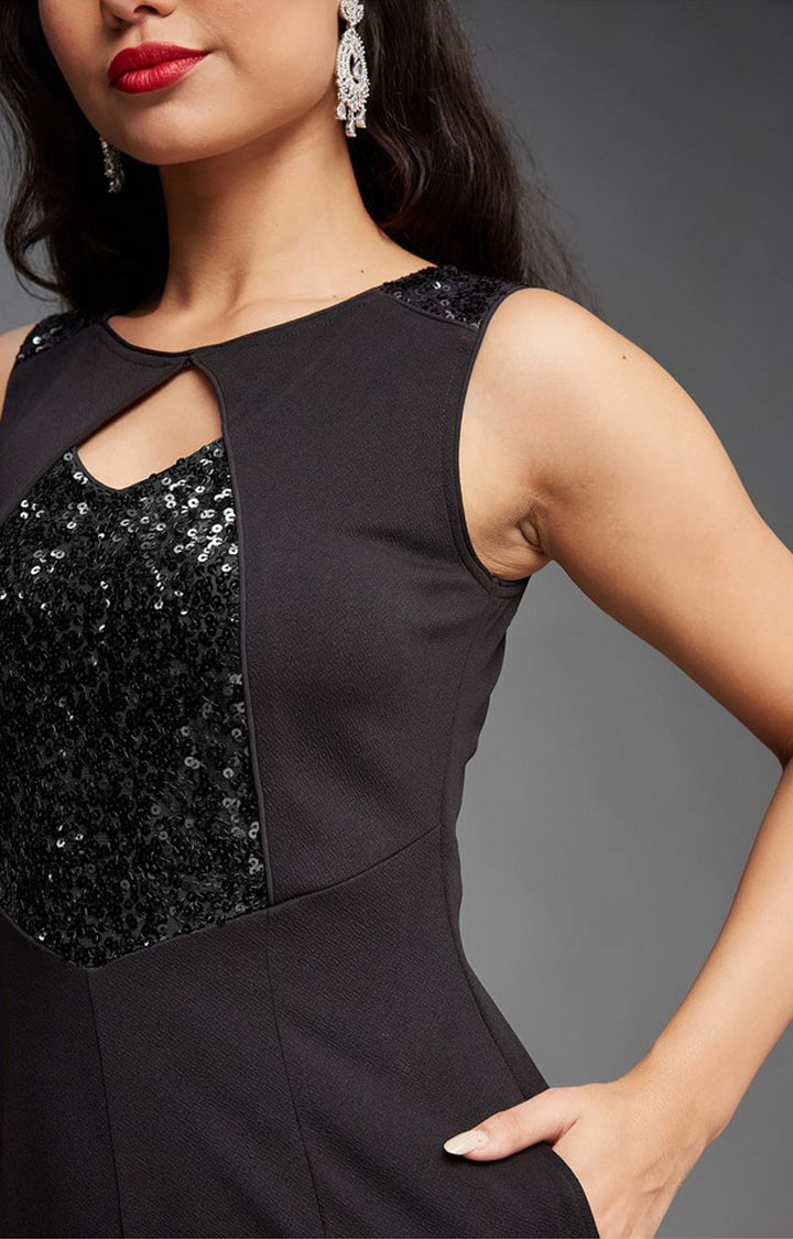 Women's Black Polyester  Jumpsuits