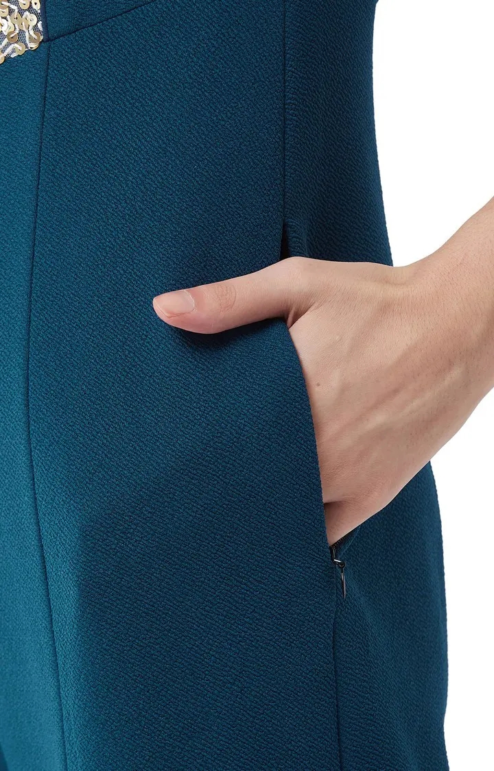 Women's Blue Polyester SolidEveningwear Jumpsuits