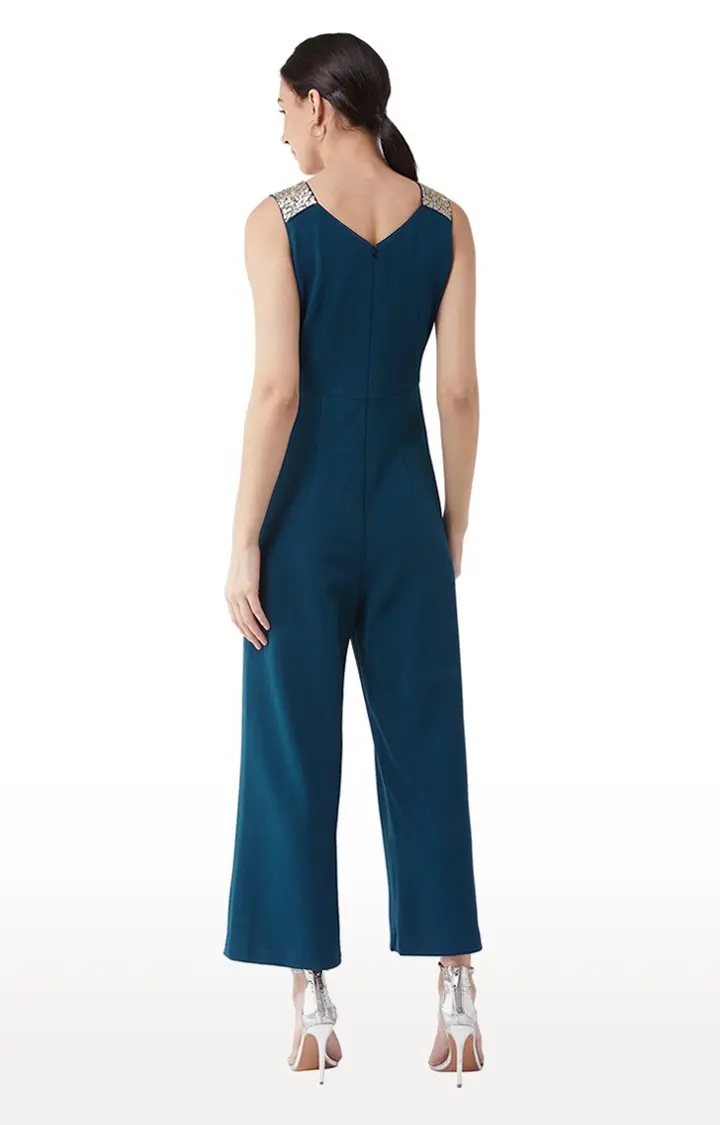Women's Blue Polyester SolidEveningwear Jumpsuits
