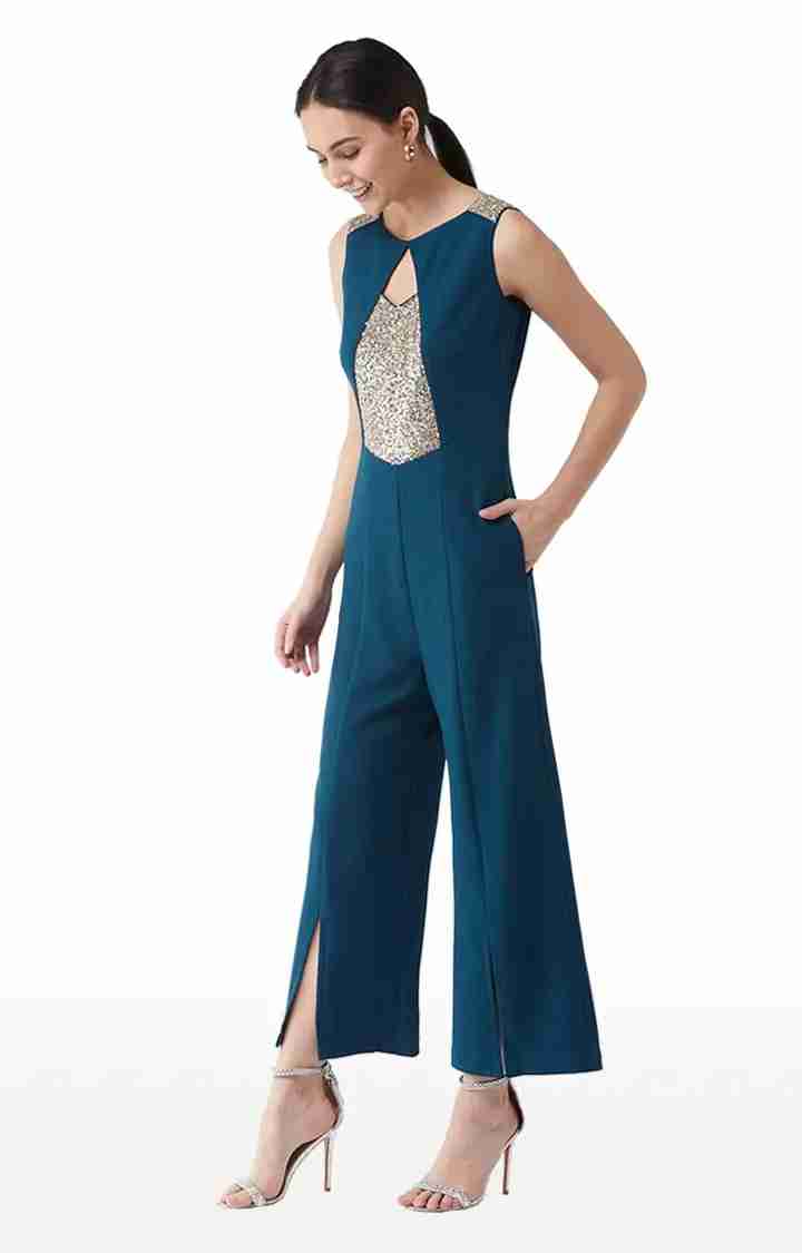 Women's Blue Polyester SolidEveningwear Jumpsuits