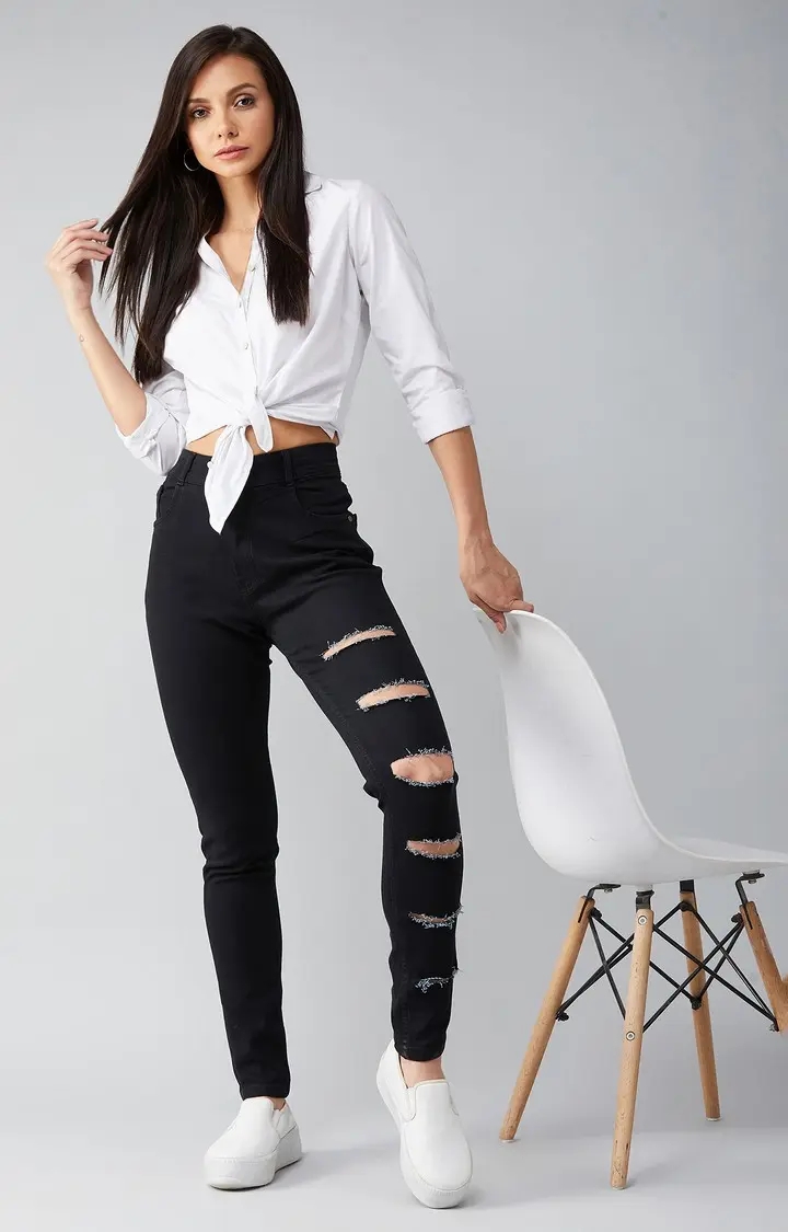 MISS CHASE | Women's Black Ripped Ripped Jeans 2