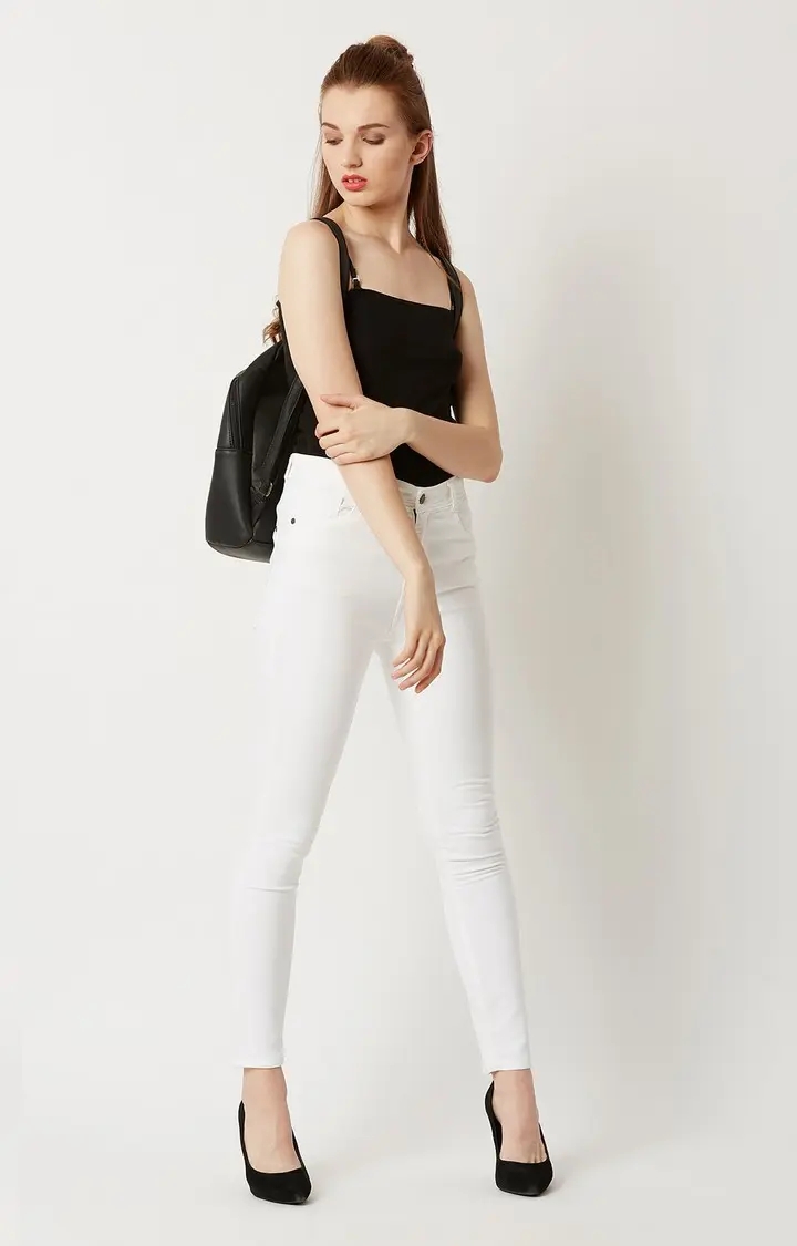 MISS CHASE | Women's White Solid Skinny Jeans 2