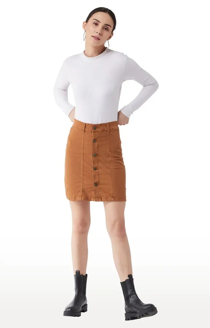 MISS CHASE | Women's Brown Solid Straight Skirt 1