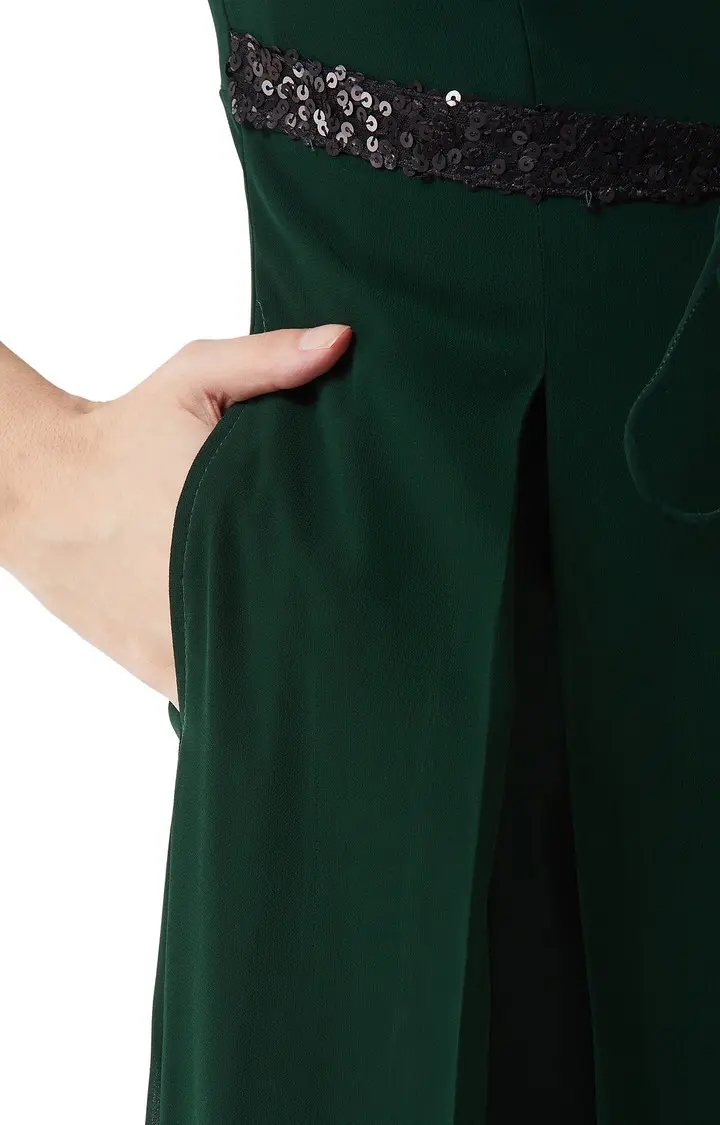 Women's Green Georgette SolidEveningwear Jumpsuits