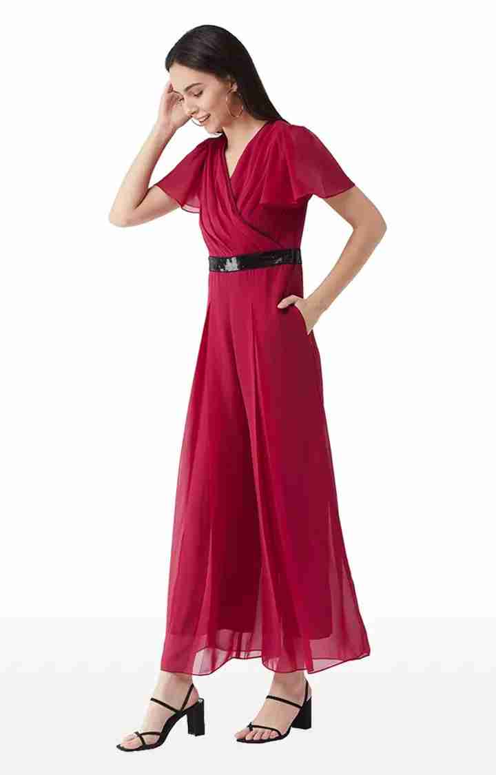 Women's Pink Georgette SolidEveningwear Jumpsuits