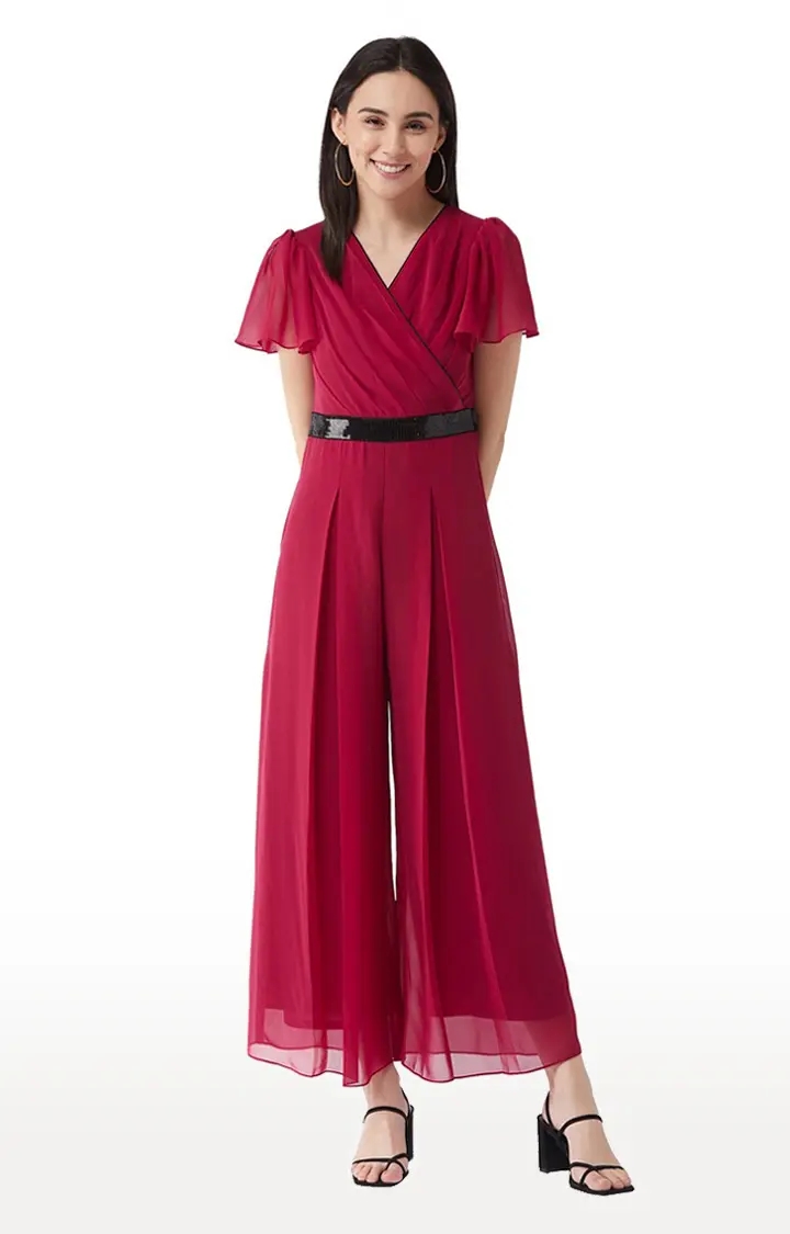 MISS CHASE | Women's Pink Georgette SolidEveningwear Jumpsuits