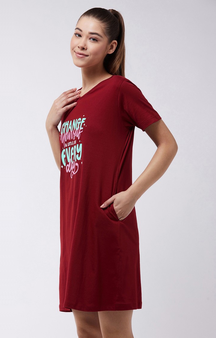 Women's Maroon Cotton Sleepwear Dress