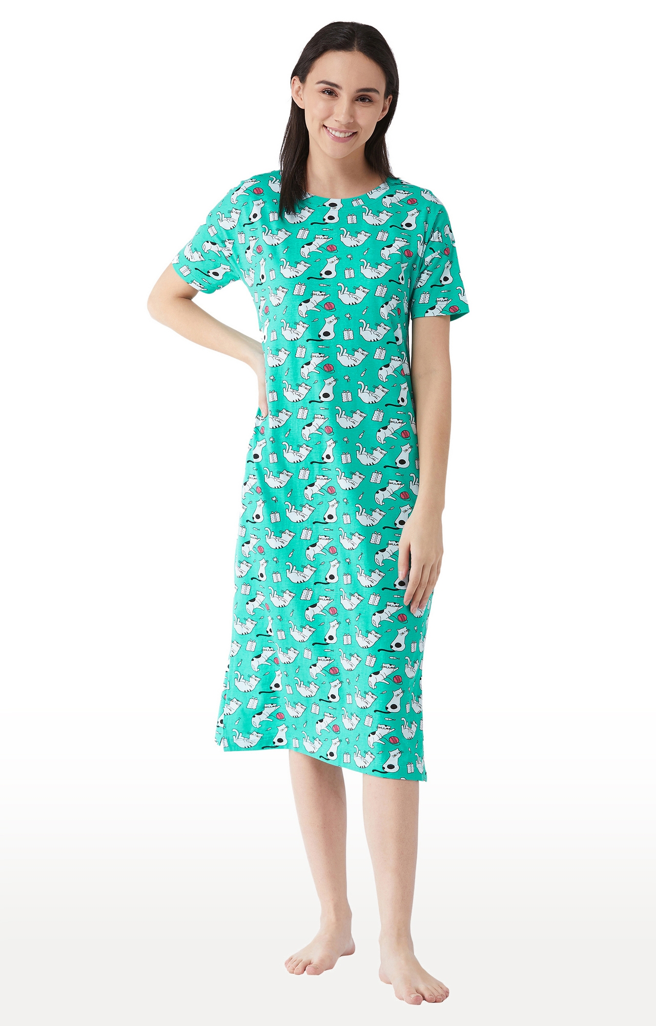 MISS CHASE | Women's Green Cotton Night Dresses