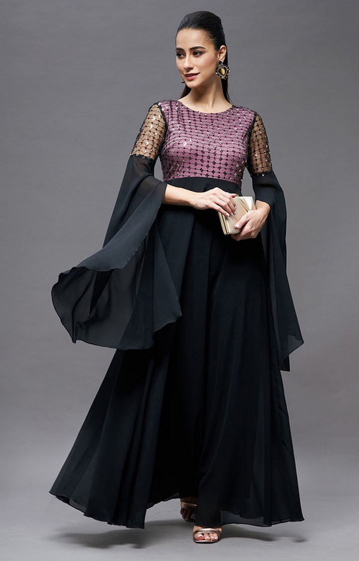 Women's Black Polyester EmbroideredEveningwear Maxi Dress